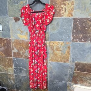 Vibrant Red Floral Midi Dress